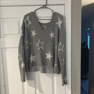 SO Gray and White V-Neck Sweater with Star Pattern